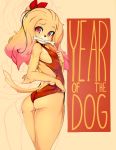  1girl 2018 absurdres ass blonde_hair bone bow collar commentary dog_tail furry gradient_hair hair_bow hair_bun highres leotard looking_back mouth_hold multicolored_hair original pink_hair red_eyes slugbox solo sweat tail year_of_the_dog yellow_skin 