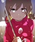  1girl bangs brown_eyes brown_hair character_request closed_mouth copyright_request hiiragi_fuyuki holding holding_umbrella long_sleeves looking_at_viewer low_twintails pink_shirt shirt short_hair smile solo twintails umbrella upper_body water_drop 