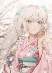 1girl bangs blue_eyes blurry blurry_background character_request cherry_blossoms closed_mouth commentary_request dangmill earrings eyebrows_visible_through_hair fate_(series) floral_print flower_earrings hair_ornament hand_up holding japanese_clothes jewelry kimono long_hair looking_to_the_side nail_polish obi petals pink_kimono print_kimono red_nails sash solo tree upper_body very_long_hair white_hair wide_sleeves wind 