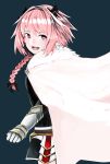  1boy :d absurdres aqua_background astolfo_(fate) bangs black_bow black_dress bow braid cloak commentary cowboy_shot dress fang fate/apocrypha fate_(series) faulds from_side fur-trimmed_cloak fur_collar gauntlets hair_bow hair_intakes highres long_hair long_sleeves looking_at_viewer looking_to_the_side male_focus multicolored_hair open_mouth pink_hair shiny shiny_hair short_dress simple_background single_braid smile solo standing streaked_hair trap two-tone_hair violet_eyes white_cloak white_hair 