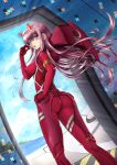 1girl adsouto artist_name ass blue_sky bodysuit breasts candy clouds darling_in_the_franxx day food glowing glowing_eyes green_eyes hand_on_hip highres horns long_hair ocean pink_hair red_bodysuit sideboob sky solo standing zero_two_(darling_in_the_franxx) 