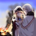  2girls azur_lane bangs black_coat blonde_hair blue_eyes blurry blurry_background breasts burning chains cleavage commentary_request dressing_another eyelashes fiery_background fire flower_ornament fur_trim gloves hair_ornament hat hat_removed headwear_removed highres holding holding_hat long_hair military military_uniform multiple_girls outdoors peaked_cap ribbon silver_hair smile smoke tirpitz_(azur_lane) uniform veil very_long_hair victorious_(azur_lane) white_coat white_gloves white_hat wrist_ribbon xun_yu_(1184527191) 