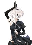  2girls bare_shoulders blindfold breasts elbow_gloves gloves katana medium_breasts multiple_girls nier_(series) nier_automata shaokao_range solo sword weapon white_background white_hair yorha_no._2_type_b 