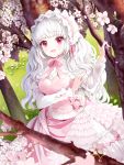  1girl :d blouse bow cherry_blossoms cowboy_shot dress eyebrows_visible_through_hair frilled_hairband frills hairband hinare_(hinare777) long_hair looking_at_viewer open_mouth original pink_bow pink_dress pink_eyes pink_hairband smile solo tree white_blouse white_hair 