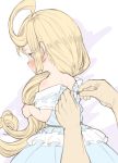  1boy 1girl adjusting_another&#039;s_clothes bare_shoulders blonde_hair blue_dress blush charlotta_(granblue_fantasy) crown dress dressing ear_blush from_behind from_side granblue_fantasy harbin holding holding_hair long_hair nose_blush out_of_frame pointy_ears pov pov_hands profile short_sleeves sketch solo_focus very_long_hair walkalone white_background 