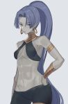  1girl abs assassin_(fate/zero) bare_shoulders bracer breasts dark_skin earrings fate/zero fate_(series) female_assassin_(fate/zero) grey_background hand_on_hip hoop_earrings jewelry keemu_(occhoko-cho) long_hair looking_at_viewer ponytail purple_hair revealing_clothes small_breasts solo very_long_hair violet_eyes 