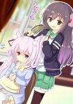  2girls :d absurdres animal_ears azur_lane bangs black_cardigan black_legwear blue_shirt blurry blurry_background blush bow bowtie brown_eyes cardigan cat_ears chair closed_mouth commentary_request crossover depth_of_field dutch_angle eyebrows_visible_through_hair flying_sweatdrops gradient_hair green_sailor_collar green_skirt hair_between_eyes hair_brush hair_ornament hair_ribbon hat hat_ribbon heart highres holding_brush indoors interlocked_fingers kantai_collection kindergarten_uniform kisaragi_(azur_lane) kisaragi_(kantai_collection) long_sleeves multicolored_hair multiple_girls namesake nekoyanagi_(azelsynn) one_side_up open_cardigan open_clothes open_mouth own_hands_together pink_hair pleated_skirt purple_hair red_neckwear red_ribbon ribbon sailor_collar school_hat school_uniform serafuku shirt sidelocks sitting skirt smile thigh-highs white_legwear white_shirt window yellow_hat yellow_neckwear yellow_skirt 
