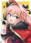  1boy :d astolfo_(fate) bangs black_bow black_gloves blush bow braid cloak commentary crown eyebrows_visible_through_hair eyelashes fang fate/apocrypha fate_(series) fur-trimmed_cloak fur_collar gauntlets gloves gold_trim hair_between_eyes hair_bow hair_intakes hand_up head_tilt highres juliet_sleeves long_hair long_sleeves looking_at_viewer male_focus mini_crown nayuhi_(yukimuu14) open_mouth outside_border parted_bangs pink_hair puffy_sleeves raised_eyebrows red_cloak signature single_braid sketch smile solo trap upper_body v violet_eyes yellow_background 