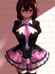  1girl 3: belt black_legwear black_shirt blush bow breasts brick_wall brown_hair closed_mouth cowboy_shot eyebrows_visible_through_hair hair_between_eyes hair_bow hair_ornament highres juliet_sleeves kono_subarashii_sekai_ni_shukufuku_wo! large_breasts layered_skirt long_sleeves low_twintails necktie nose_blush own_hands_together pink_bow pink_neckwear pink_skirt pleated_skirt puffy_sleeves red_eyes revision rocha_(aloha_ro_cha) shadow shirt short_necktie single_stripe skirt solo sparkle standing striped striped_skirt thigh-highs twintails v_arms white_skirt yunyun_(konosuba) zettai_ryouiki 