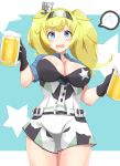  2girls absurdres alcohol beer belt black_bra blonde_hair blue_background blue_eyes blue_shirt bra breasts cleavage cowboy_shot gambier_bay_(kantai_collection) gloves hair_between_eyes hairband headgear highres kantai_collection large_breasts long_hair minami_osu multicolored multicolored_clothes multicolored_gloves multicolored_hairband multiple_girls open_clothes open_mouth open_shirt pun shirt shorts spoken_sweatdrop star starry_background sweatdrop twintails underwear white_shorts 