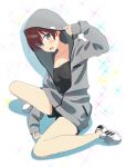  1girl black_shirt blue_eyes blush breasts brown_hair cleavage collarbone full_body grey_sweater hair_between_eyes highres hood hooded_sweater looking_at_viewer medium_breasts new_game! open_mouth shinoda_hajime shirt short_hair short_shorts shorts solo sweater white_background 