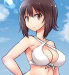  1girl bangs bikini breasts brown_eyes brown_hair cleavage closed_mouth clouds cloudy_sky commentary day front-tie_bikini front-tie_top girls_und_panzer hand_on_hip kitayama_miuki light_frown looking_at_viewer medium_breasts nishizumi_maho outdoors short_hair sky solo standing swimsuit upper_body white_bikini 