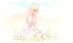  1girl animal artist_name bangs bird blonde_hair blunt_bangs closed_mouth dress eyebrows_visible_through_hair flower full_body gradient gradient_background hands_on_lap hyanna-natsu looking_down on_grass original short_sleeves sitting smile solo white_dress yellow_eyes 