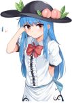  1girl arm_behind_back arm_up bangs black_hat blush bow bowler_hat bowtie center_frills closed_mouth color_guide commentary_request cowboy_shot eyebrows_visible_through_hair food frilled_shirt frills fruit hand_in_hair hat hat_ornament hinanawi_tenshi leaf long_hair looking_at_viewer momoiro_lettuce peach puffy_short_sleeves puffy_sleeves red_bow red_eyes red_neckwear shirt short_sleeves sidelocks simple_background skirt solo standing straight_hair sweatdrop tareme touhou white_background white_skirt 