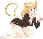 1girl :d animal_ears barefoot blonde_hair blue_eyes blush breasts cat_ears cat_tail cleavage commentary eyebrows_visible_through_hair fang full_body katawa_shoujo kemonomimi_mode kneeling leaning_forward long_hair looking_at_viewer medium_breasts no_pants open_mouth paw_pose rtil satou_lilly simple_background sketch smile solo tail wavy_hair white_background 