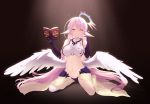  1girl :o absurdres bangs bare_legs bare_shoulders black_gloves blush book breasts bridal_gauntlets cait collarbone crop_top elbow_gloves feathered_wings gloves halo hand_up highres holding holding_book huge_filesize jibril_(no_game_no_life) large_breasts long_hair looking_at_viewer low_wings navel no_game_no_life o-ring open_book open_mouth pink_eyes pink_hair revision ringed_eyes sideboob single_elbow_glove single_glove sitting solo spotlight stomach straight_hair very_long_hair waist_cape wariza white_wings wings yellow_eyes 