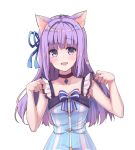  1girl :d aikatsu! animal_ears bangs bare_arms black_choker blue_dress blue_ribbon blush cat_ears choker collarbone dress eyebrows_visible_through_hair fang hair_ribbon head_tilt highres hikami_sumire kemonomimi_mode leaning_to_the_side looking_at_viewer makiaato open_mouth purple_hair ribbon simple_background sleeveless sleeveless_dress smile solo upper_body violet_eyes white_background 