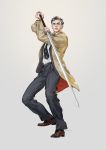  1boy 2018 arms_up artist_name black_neckwear black_pants blue_eyes brown_coat brown_footwear closed_mouth coat commentary_request fighting_stance forehead full_body glasses grey_background grey_hair highres holding holding_sword holding_weapon jane_mere lips long_sleeves looking_at_viewer male_focus mature necktie original pants print_neckwear shirt shoes simple_background smile solo standing sword weapon white_shirt 