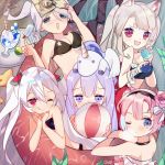  5girls :d ;q animal_ears artist_name azur_lane ball bangs bare_arms bare_shoulders beachball bikini black_bikini black_choker black_hairband blue_eyes blush book breasts cake_(isiofb) choker cleavage collarbone commentary_request covered_mouth drinking_straw eyebrows_visible_through_hair fang food food_themed_hair_ornament hair_between_eyes hair_ornament hairband heart_in_eye highres holding holding_ball innertube light_brown_hair long_hair looking_at_viewer medium_breasts multiple_girls nose_blush one_eye_closed open_book open_mouth pink_bikini pink_hair popsicle portland_(azur_lane) purple_hair red_eyes saratoga_(azur_lane) side_ponytail silver_hair smile star stuffed_animal stuffed_pegasus stuffed_toy stuffed_unicorn swimsuit thick_eyebrows thumbs_up tongue tongue_out tray twintails unicorn_(azur_lane) v-shaped_eyebrows vampire_(azur_lane) very_long_hair violet_eyes watermelon_hair_ornament wolf_ears yuudachi_(azur_lane) 