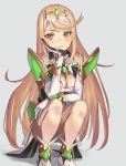  1girl armor blonde_hair blush breasts cleavage dress gloves mythra_(xenoblade) long_hair looking_at_viewer maachi_(fsam4547) simple_background smile solo white_background xenoblade xenoblade_2 yellow_eyes 