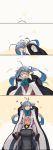  2girls ahoge bending_forward blush closed_eyes coat comic commentary_request expressive_hair facing_another grey_hair highres kantai_collection kiyoshimo_(kantai_collection) long_hair multiple_girls musashi_(kantai_collection) on_shoulder open_clothes open_coat open_mouth silent_comic sitting sitting_on_person smile tan_background twintails very_long_hair weidashming white_hair 