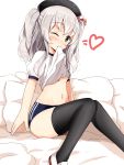  1girl aikawa_ryou bad_anatomy bad_hands bed_sheet beret black_legwear blush buruma commentary_request grey_eyes gym_uniform hat heart highres kantai_collection kashima_(kantai_collection) long_hair mouth_hold short_sleeves silver_hair simple_background solo thigh-highs two_side_up white_background 