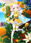  1girl :d animal_ears belt boots bow buck_teeth clouds cross-laced_footwear dress eyebrows_visible_through_hair feathers flower food frilled_dress frills fruit full_body gloves hat hinare_(hinare777) holding holding_sword holding_weapon knee_boots lace-up_boots leaf mouse_ears mouse_tail open_mouth orange original pantyhose puffy_sleeves rapier short_hair sky smile solo sword tail tassel weapon whiskers white_footwear white_gloves white_hair white_legwear yellow_bow yellow_dress yellow_eyes yellow_hat 
