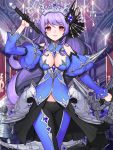  1girl armor black_gloves breasts chandelier cleavage closed_mouth cowboy_shot crown fantasy gem gloves half_gloves highres holding holding_scythe holding_weapon kyundoo large_breasts long_hair looking_at_viewer original pants puffy_sleeves purple_hair red_eyes scythe smile solo weapon 