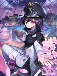  1boy black_cape black_hat brand_name_imitation cape cherry_blossoms city dangan_ronpa fanta flipped_hair hair_between_eyes hat highres kyundoo looking_at_viewer male_focus new_dangan_ronpa_v3 ouma_kokichi outstretched_hand pants peaked_cap purple_hair sitting smile solo twitter_username violet_eyes white_pants 