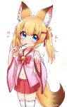  1girl animal_ears bell blonde_hair blue_eyes detached_sleeves eating food fox_ears fox_tail hair_ornament hairclip jingle_bell kemomimi_vr_channel long_hair mikoko_(kemomimi_vr_channel) miniskirt namessyu navel pink_shirt pocky red_skirt ribbon shirt simple_background skirt smile solo tail thigh-highs twintails virtual_youtuber white_background white_legwear 