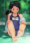  1girl barefoot black_eyes black_hair blue_swimsuit chain-link_fence dappled_sunlight feet fence full_body jacket kantai_collection looking_at_viewer machinery mogami_(kantai_collection) name_tag school_swimsuit shade sitting smile smokestack solo sunlight swim_cap_removed swimsuit tooku_nomura_(artist) white_jacket 