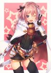  1girl ;d arm_at_side arm_guards astolfo_(fate) bangs black_bow black_dress black_legwear blush bow braid buckle cape cowboy_shot dress emblem eyebrows_visible_through_hair fang fate/apocrypha fate_(series) faulds fur-trimmed_cape fur_trim garter_straps hair_bow highres horn_(instrument) long_hair looking_at_viewer metindone one_eye_closed open_mouth outside_border pink_background pink_hair sheath sheathed shiny shiny_hair shiny_skin single_braid smile solo standing star starry_background sword thigh-highs trap v very_long_hair weapon white_border white_cape white_hair zettai_ryouiki 