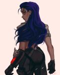  1girl anisa_sherzai artist_name ass back cowboy_shot gloves highres lipstick looking_back makeup overwatch purple_hair purple_lipstick simple_background solo talon_widowmaker white_background widowmaker_(overwatch) yellow_eyes 