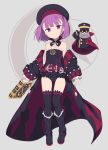  1girl automaton_(object) bare_shoulders belt black_hat book colonel_olcott_(fate/grand_order) commentary_request detached_collar doll dress fate/grand_order fate_(series) flat_chest gamuo grimoire hat helena_blavatsky_(fate/grand_order) looking_at_viewer purple_hair short_hair solo strapless strapless_dress tree_of_life violet_eyes 