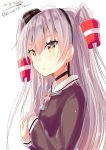  1girl amatsukaze_(kantai_collection) closed_mouth eyebrows_visible_through_hair gloves hair_between_eyes highres hizaka kantai_collection long_hair long_sleeves looking_at_viewer neckerchief remodel_(kantai_collection) shirt silver_hair simple_background solo twintails white_background white_gloves white_shirt yellow_eyes 