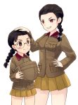  bangs black_hair black_ribbon blush_stickers braid brown_eyes brown_jacket chi-hatan_military_uniform closed_mouth fukuda_(girls_und_panzer) girls_und_panzer grin hair_over_shoulder hair_pulled_back hair_ribbon hand_on_another&#039;s_head headwear_removed helmet helmet_removed jacket long_hair long_sleeves looking_at_another military military_uniform miniskirt parted_bangs pleated_skirt ribbon simple_background single_braid skirt smile standing tamada_(girls_und_panzer) twin_braids twintails uniform viscount_shishamo white_background yellow_skirt 