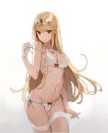  1girl aiko_(kanl) backlighting bangs blonde_hair bra breasts brown_eyes cleavage commentary cowboy_shot gluteal_fold hairband mythra_(xenoblade) large_breasts long_hair looking_at_viewer navel panties side-tie_panties sidelocks solo strap_slip swept_bangs thigh-highs underwear underwear_only white_bra white_legwear white_panties xenoblade xenoblade_2 