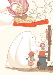  1girl arms_behind_back basket blonde_hair blue_ribbon bowl braid coal dahuang food furnace graphite_(medium) hair_ribbon holding holding_bowl ladle looking_at_another looking_away original pot ribbon sausage short_hair slippers socks steam traditional_media twin_braids white_legwear 