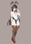  1girl adapted_costume animal_ears black_hair book breasts brown_background brown_legwear bunnysuit commentary_request detached_collar full_body glasses green_eyes highres kantai_collection leotard long_hair ooyodo_(kantai_collection) rabbit_ears red_neckwear semi-rimless_eyewear simple_background small_breasts solo strapless strapless_leotard thigh-highs under-rim_eyewear webslinger white_leotard wrist_cuffs 