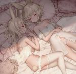  2girls animal_ears ass bangs bare_arms bare_shoulders bed_sheet blush breasts bunny_girl bunny_tail choker closed_eyes closed_mouth collarbone commentary crop_top dress eyebrows_visible_through_hair frilled_pillow frills hair_between_eyes hands_up long_hair lying multiple_girls navel off-shoulder_dress off_shoulder on_back on_side original panties panty_pull pillow profile puffy_short_sleeves puffy_sleeves rabbit_ears short_hair short_sleeves silver_hair sleeping small_breasts tail thigh-highs underwear white_choker white_dress white_legwear white_panties yutsumoe 