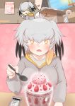  +_+ 1girl bangs blush cellphone comic commentary drooling eyebrows_visible_through_hair eyes_visible_through_hair food fruit glowing grey_hair hair_between_eyes head_wings heart heart-shaped_pupils highres holding holding_spoon hood hoodie john_(a2556349) kemono_friends looking_at_viewer parfait phone pointing shoebill_(kemono_friends) silent_comic smartphone spoon strawberry symbol-shaped_pupils triangle_mouth yellow_eyes 