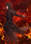  1boy akamiso_(k074510) black_cape black_pants brown_hair cape emiya_kiritsugu fate/zero fate_(series) fire from_behind from_below gun hand_in_pocket highres holding holding_gun holding_weapon outdoors outstretched_arm pants smoking solo standing weapon 