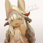  1girl animal_ears artist_name blush character_name dated eyebrows_visible_through_hair furry long_hair looking_at_viewer made_in_abyss nanachi_(made_in_abyss) nyani open_mouth smile solo twitter_username white_hair yellow_eyes 