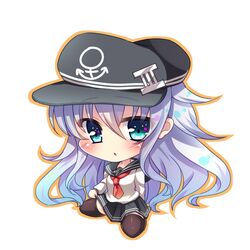  1girl anchor bangs black_hat black_legwear black_skirt blue_eyes blue_hair blush chibi commentary_request eyebrows_visible_through_hair flat_cap full_body hair_between_eyes hat hibiki_(kantai_collection) kantai_collection long_hair long_sleeves looking_at_viewer neckerchief orange_outline outline parted_lips pleated_skirt red_neckwear school_uniform serafuku shirt sidelocks simple_background sitting skirt skirt_hold solo thigh-highs tsukumo_matoro very_long_hair wariza white_background white_shirt 