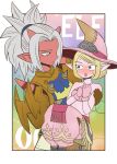  2girls armor bare_shoulders blonde_hair blush carrying character_request commentary_request dragon_quest dragon_quest_x gloves green_eyes grey_eyes grey_hair hat horns midriff mochi_au_lait multiple_girls pink_gloves pointy_ears ponytail princess_carry red_skin short_hair witch_hat yuri 