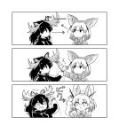  2girls :3 animal_ears antlers blonde_hair bow bowtie brown_hair closed_mouth comic eyebrows_visible_through_hair fennec_(kemono_friends) flying_sweatdrops fox_ears fur_trim greyscale hand_on_another&#039;s_head kemono_friends long_hair monochrome moose_(kemono_friends) moose_ears multiple_girls open_mouth puffy_short_sleeves puffy_sleeves rumenia_(ao2is) scarf short_hair short_sleeves speed_lines sweatdrop sweater translation_request 