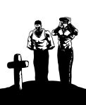  2boys arm_behind_back bdsm billy_herrington gachimuchi grave hand_on_headwear looking_down mark_wolff monochrome multiple_boys muscle real_life road_again simple_background tank_top tombstone van_darkholme white_background 