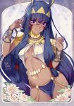  1girl :p animal_ears artist_name blue_hair bracelet breasts character_name dark_skin dated earrings facial_mark fate/grand_order fate_(series) flower hairband highres hoop_earrings jackal_ears jewelry long_hair looking_at_viewer navel nitocris_(fate/grand_order) pink_eyes rei_(pixiv_187780) smile solo tongue tongue_out under_boob very_long_hair 