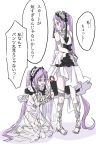  2girls :t absurdly_long_hair choker commentary_request damemoto_000 dress euryale fate/apocrypha fate/grand_order fate_(series) hairband highres jewelry kneeling lolita_hairband long_hair looking_at_another looking_down measuring multiple_girls open_mouth purple_hair sandals see-through shaded_face siblings sisters sleeveless sleeveless_dress standing stheno sweat tape_measure translation_request triangle_mouth twins twintails very_long_hair violet_eyes white_background 