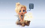  1girl bandage blonde_hair blue_eyes chibi english high_ponytail highres jen_lohjelm mechanical_wings mercy_(overwatch) open_mouth overwatch solo speech_bubble stuffed_animal stuffed_toy teddy_bear twitter_username wings 